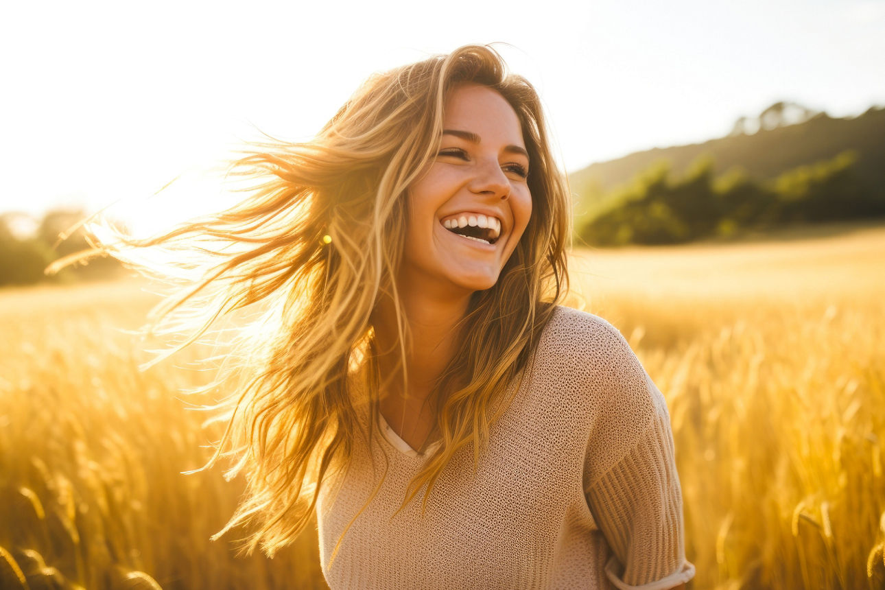 Lachende junge Frau auf einem Feld