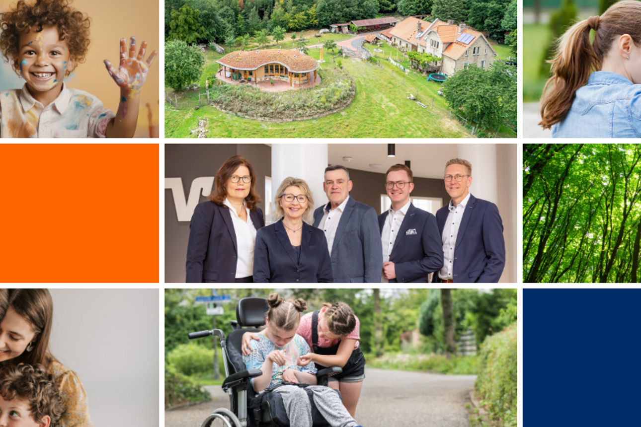 Collage mit Menschen unterschiedlicher Altersgruppen, Naturaufnahmen und Familienszenen in einem Raster dargestellt.