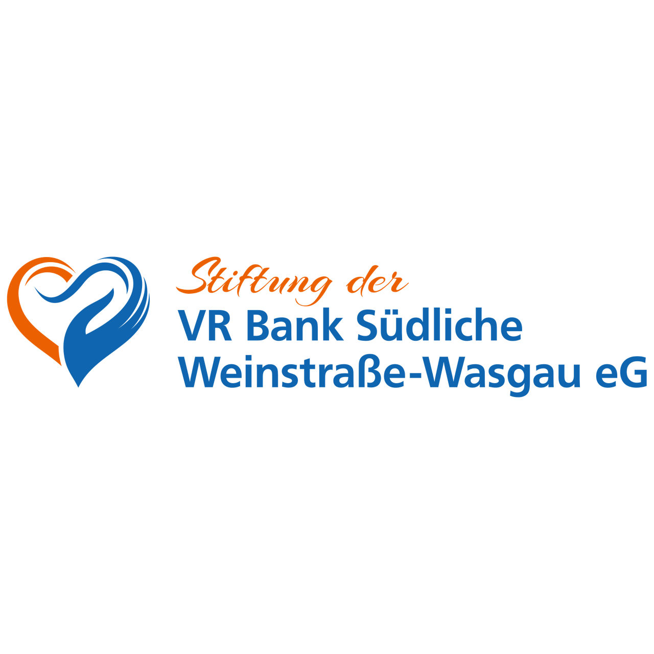Logo der Stiftung der VR Bank Südliche Weinstraße-Wasgau eG mit Herzsymbol in Blau und Orange.