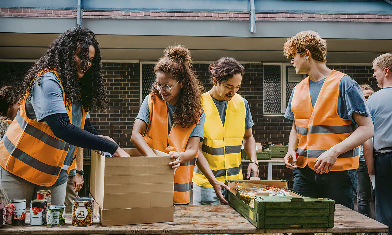 Eine Gruppe junger Menschen hilft beim Packen von Lebensmitteln