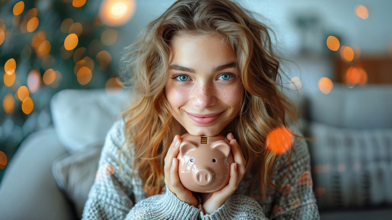 Mädchen, das ein Sparschwein hält