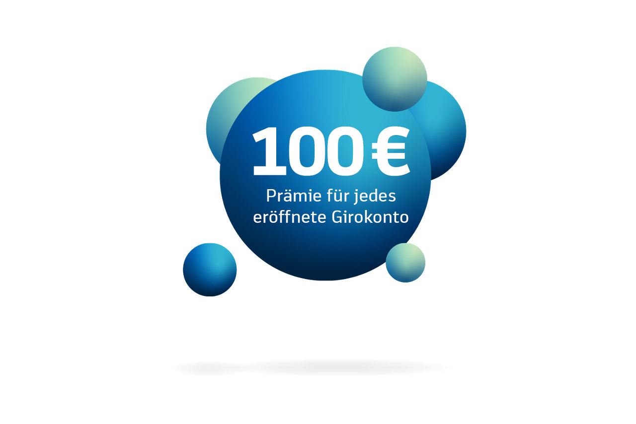 Runder Störer mit Text: 100 € Prämie für jedes eröffnete Girokonto