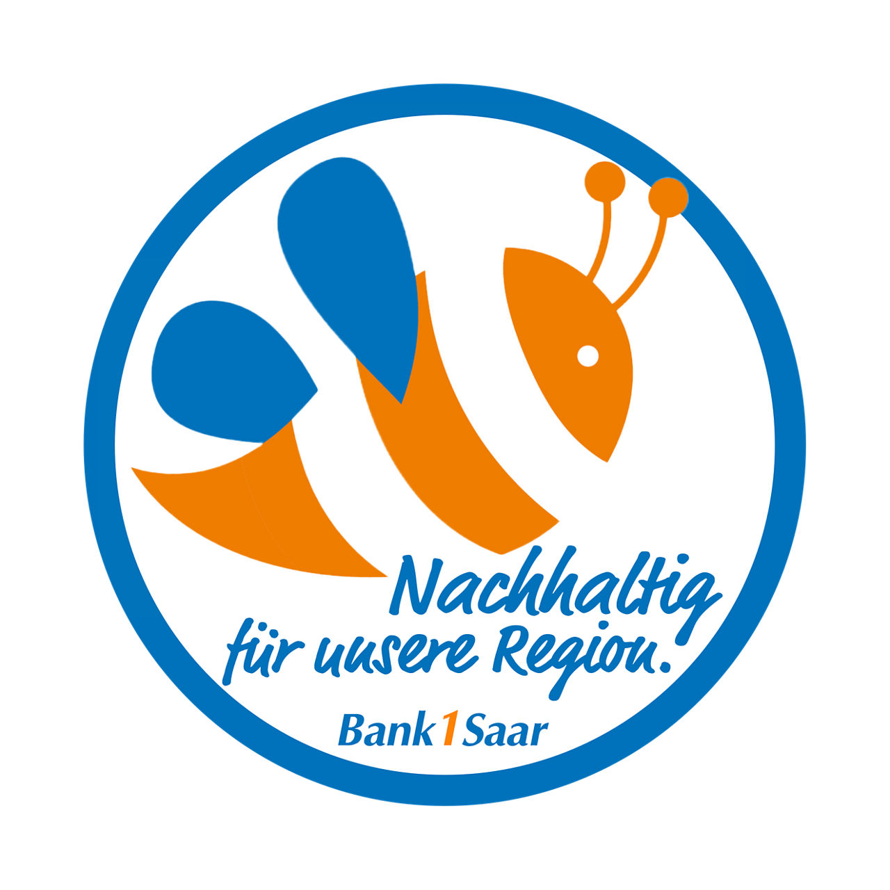 Ikon rund mit blauem Rand. Bine in blau orange mit der Schrift Nachhaltig für unsere Region. Bank 1 Saar