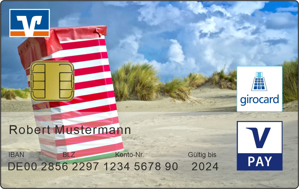 Bildkarte mit dem Motiv eines rot-weißen Strandkorbs am Strand