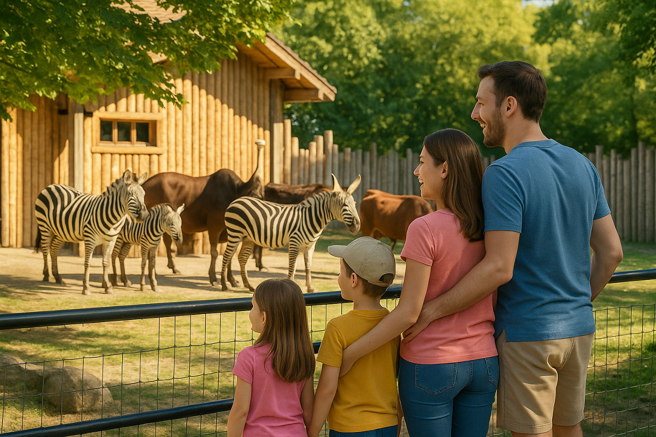 Eine vierköpfige Familie steht vor einem Gehege im  Tiergarten und beobachtet begeistert Zebras und Rinder bei son