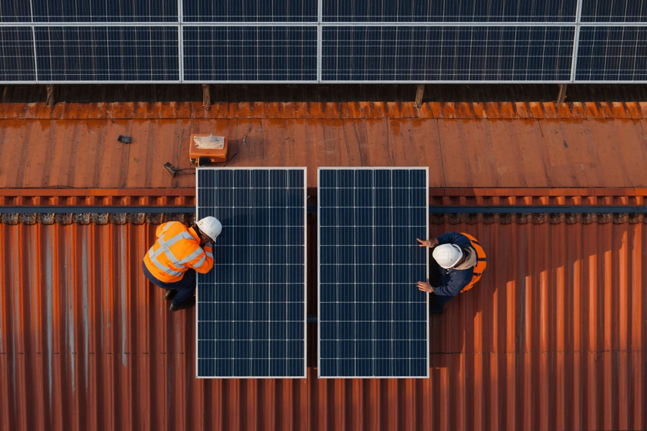 Arbeiter befestigen Solar-Panele auf einem Dach