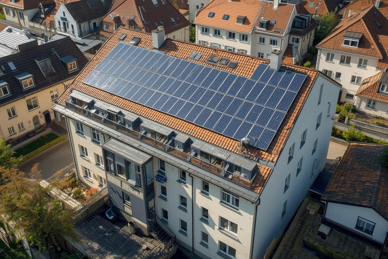 Haus von Oben mit Solarzellen auf dem Dach