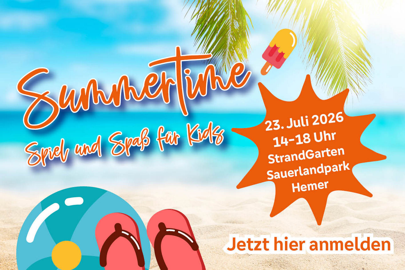  Sommerliches Strandmotiv mit Schriftzug „Summertime“, Meer, Sand, Palme, Schwimmring, Eis am Stiel und Sandalen.