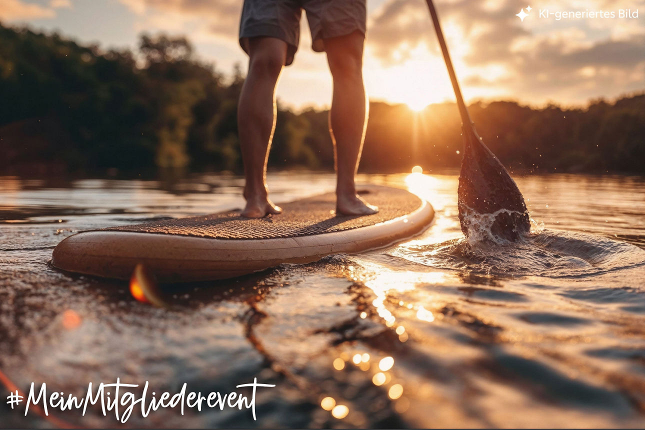 Stand-up-Paddeln auf einem ruhigen See bei Sonnenuntergang mit wunderschönen Farben während eines warmen Sommerurlaubs am Strand.