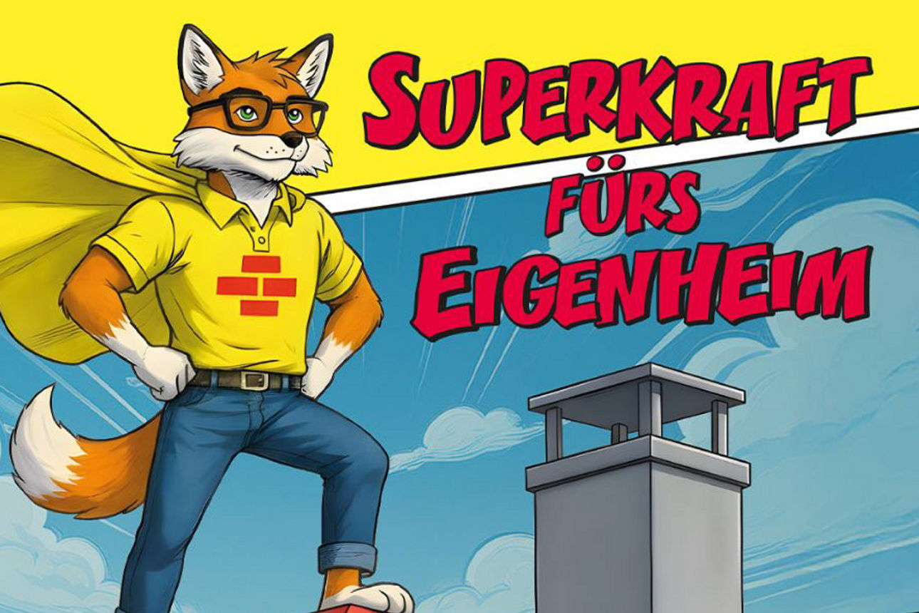 Die Grafik zeigt den Bausparfuchs auf einem Dach