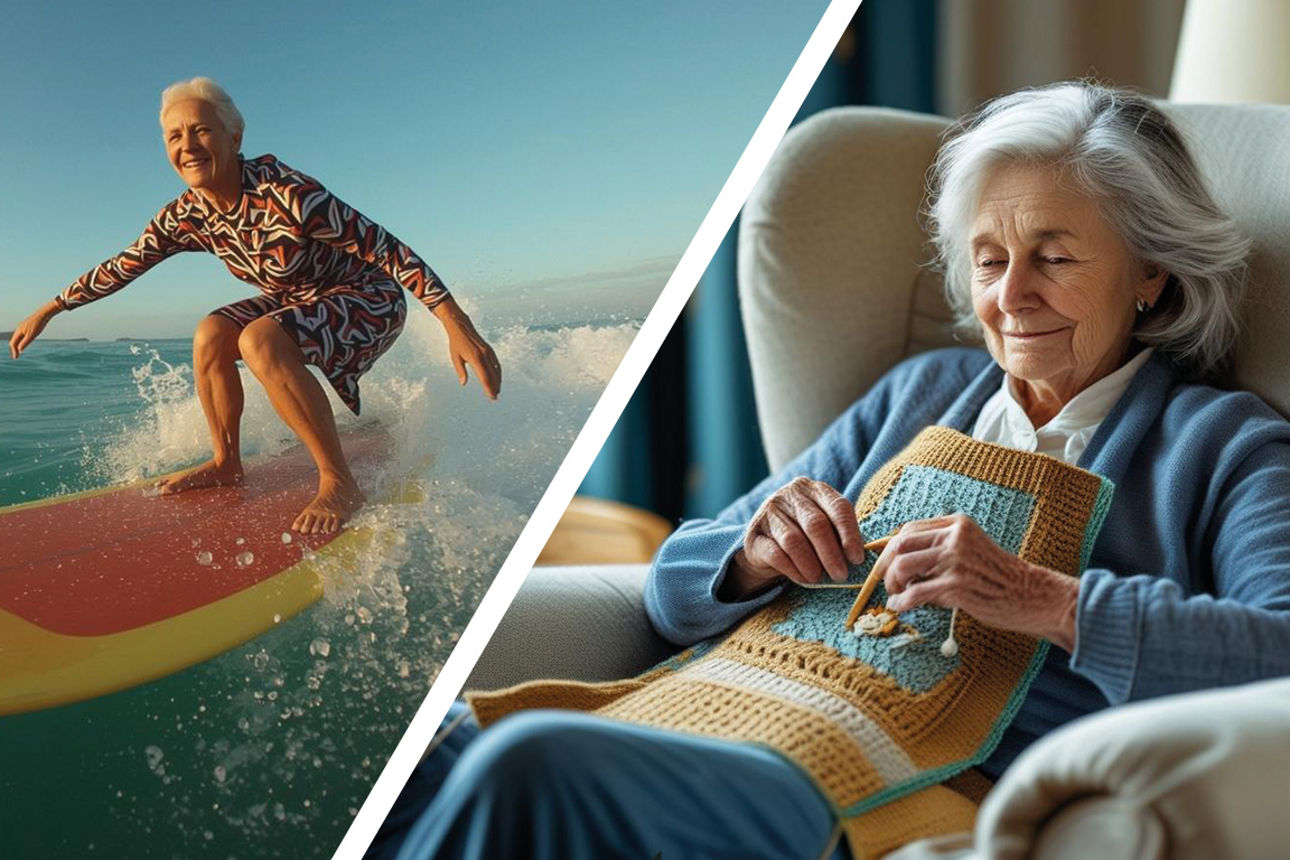 Eine ältere Dame beim Surfen und gegenübergestellt beim Stricken