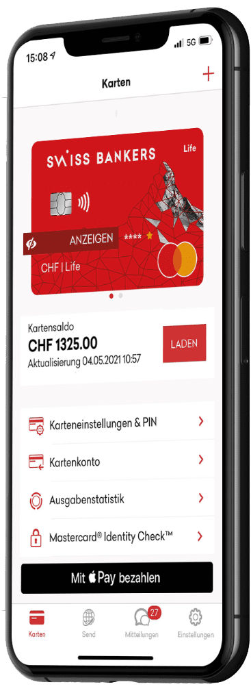 Grafik eines Smartphones mit geöffneter Swiss Bankers App