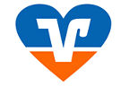 Volksbank Herz Ein Herz, oben blau unten orange und in der Mitte das Volksbank Markenzeichen