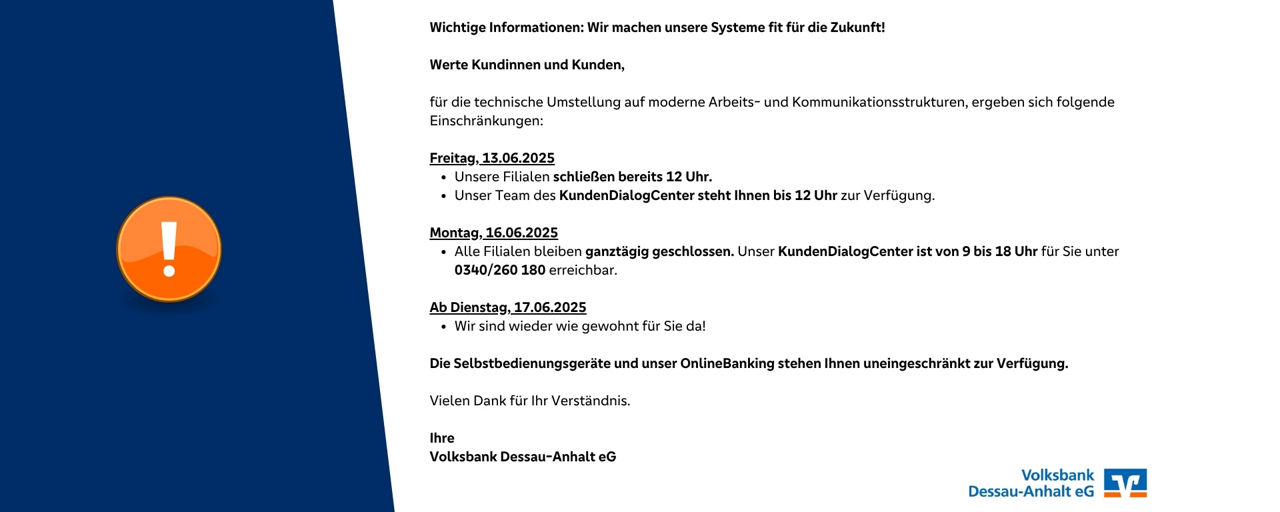 Bild mit weißem Hintergrund, linke Seite blau mit einer Schräge und einem orangenen Ausrufezeichen, dazu ein Text