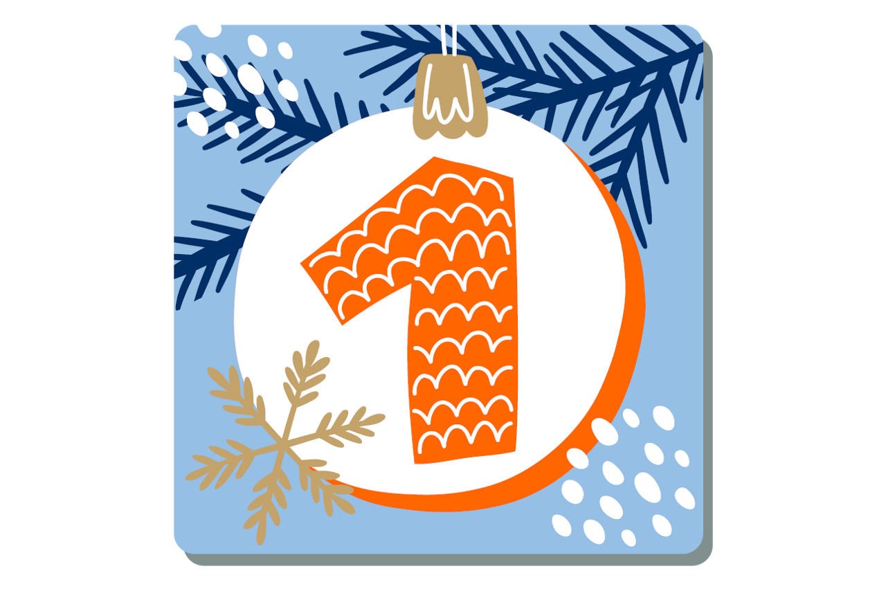 Illustrierte Zahl Eins auf weihnachtlichem Hintergrund