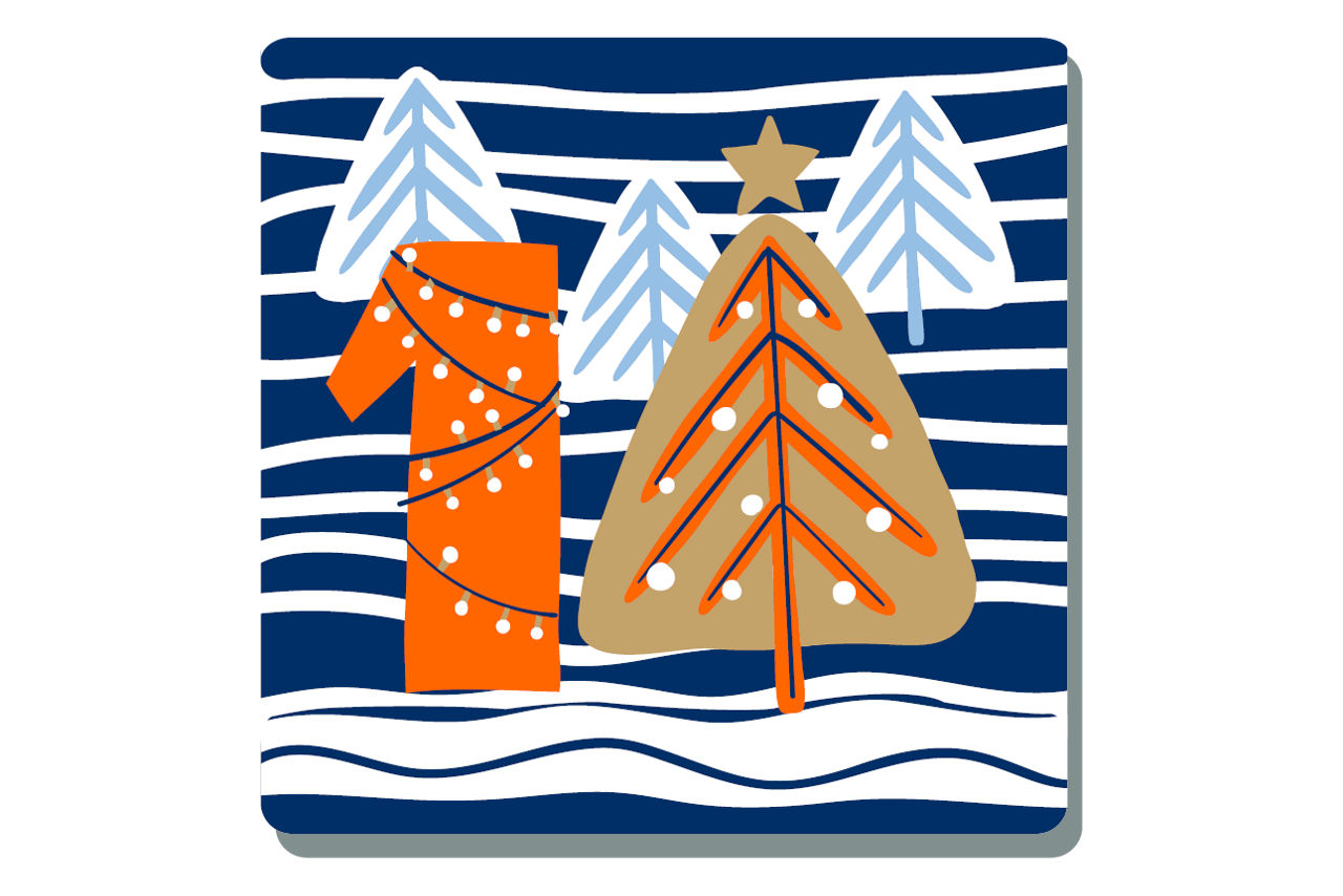 Illustrierte Zahl Eins auf weihnachtlichem Hintergrund