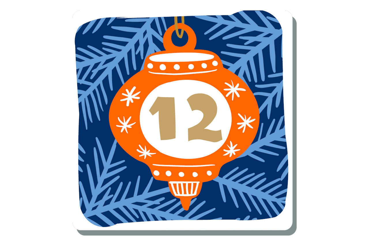 Illustrierte Zahl Eins auf weihnachtlichem Hintergrund