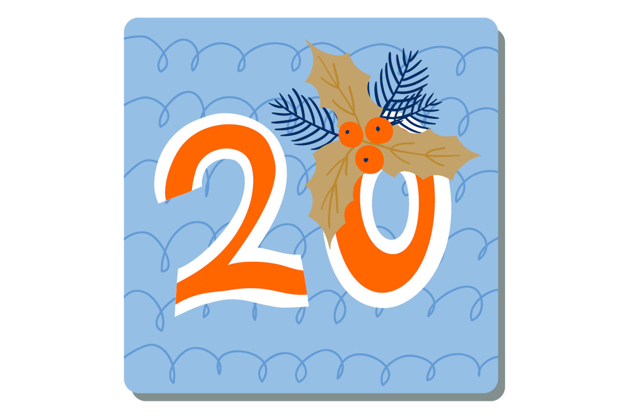 Illustrierte Zahl Eins auf weihnachtlichem Hintergrund