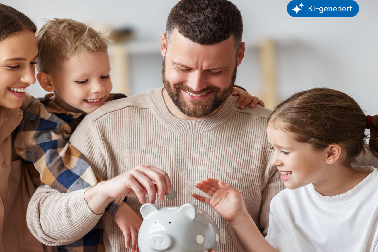 Ein lächelnde Familie, die eine Münze in einen Sparschwein tun.