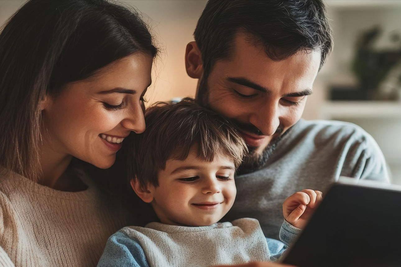 Eine Paar mit ihrem Kind auf dem Schoß schauen glücklich. 