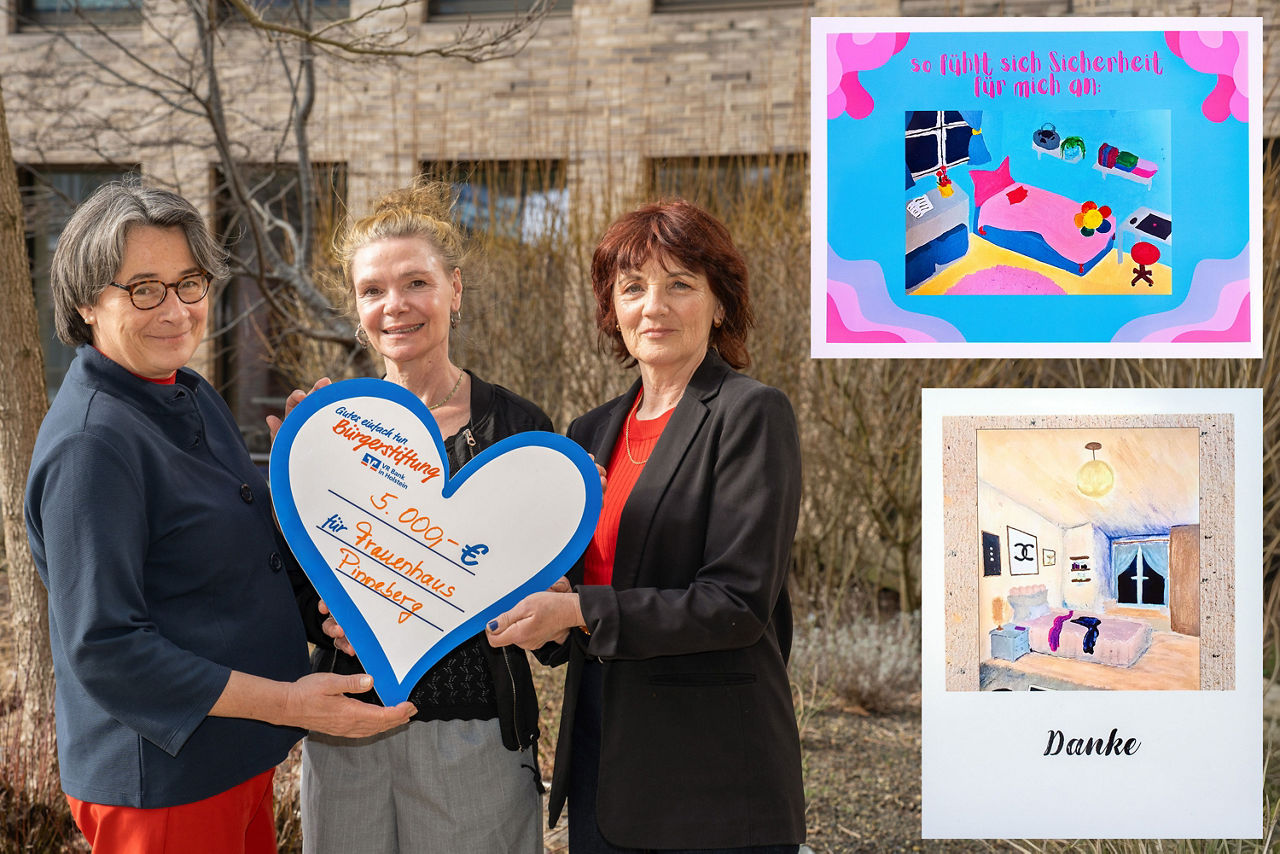 Übergabe des Spendenherzes und zwei Bilder der „Wunschzimmer“