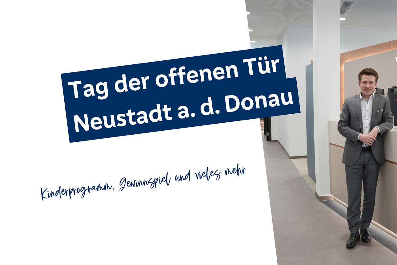 Drei Personen in Geschäftskleidung stehen an einem Empfangstresen mit einem beleuchteten V-Logo an der Wand