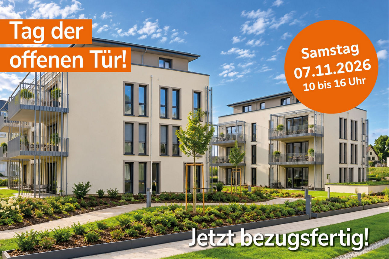Moderne Mehrfamilienhäuser mit hellem Putz und Balkonen, beworben mit Text zum Tag der offenen Tür am Samstag, 19.09.2026.