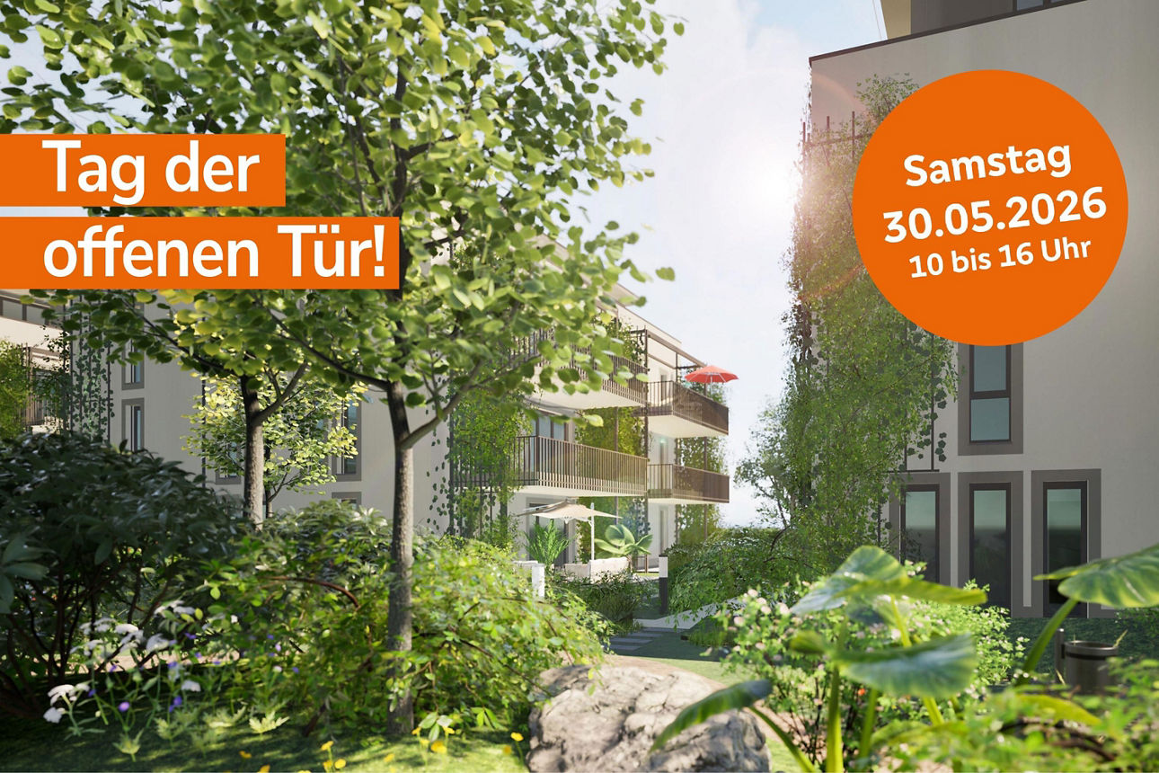 Moderne Wohnanlage mit hellen Fassaden und Balkonen, eingebettet in eine üppige, grüne Gartenlandschaft mit Bäumen und Sträuc