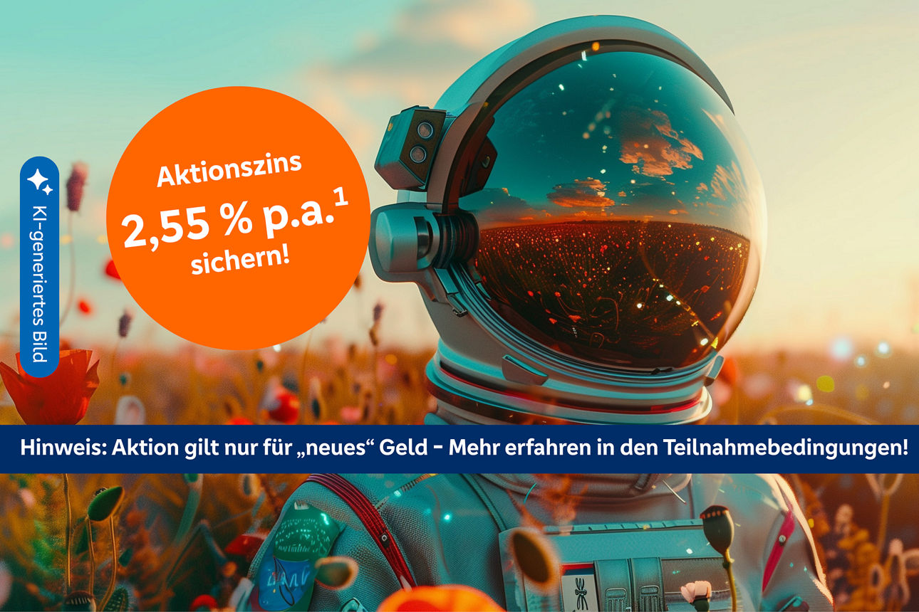 Roboter blickt über Blütenfeld in die Ferne (KI-generiert)