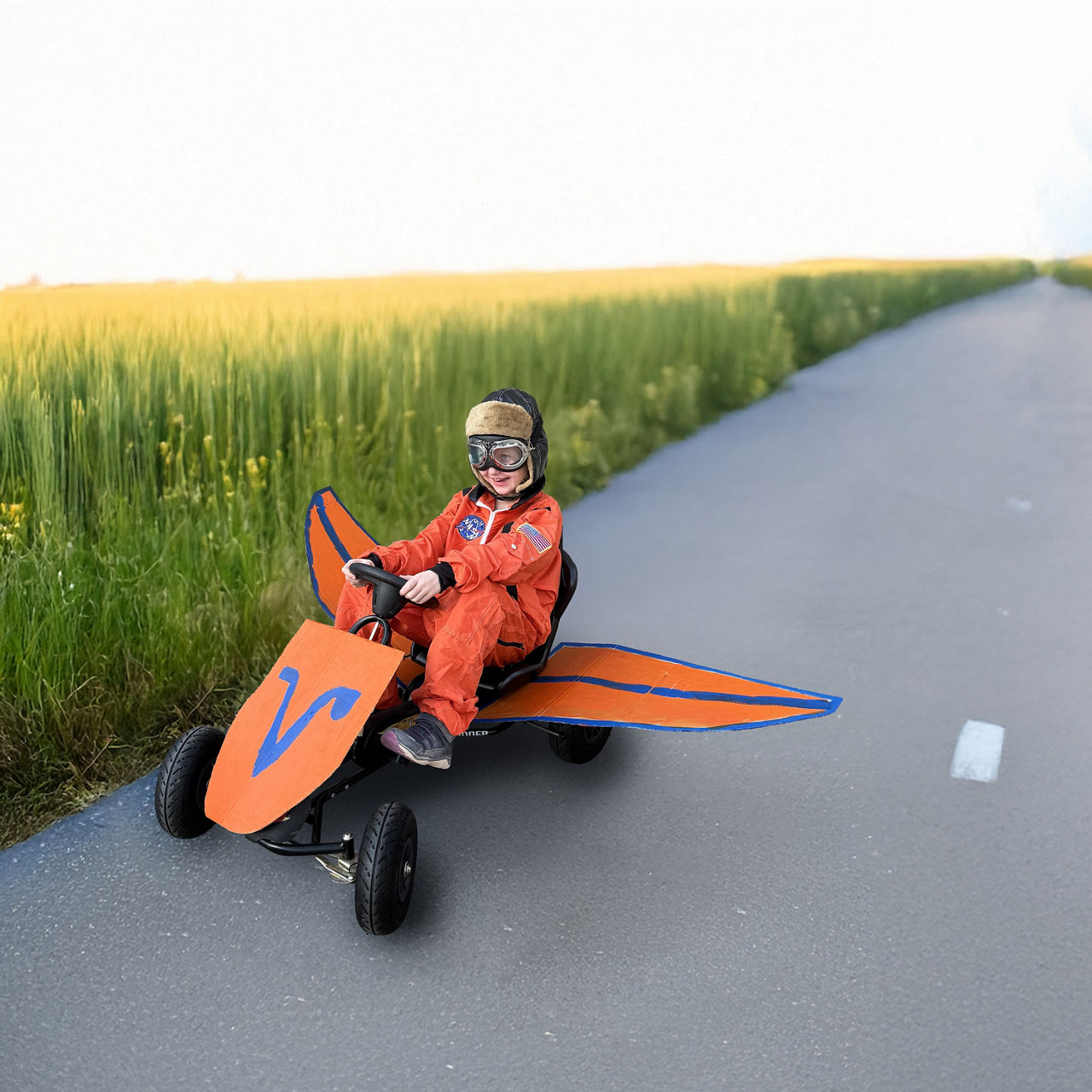 Ein Kind auf einem Go- Kart auf einem Feldweg. 