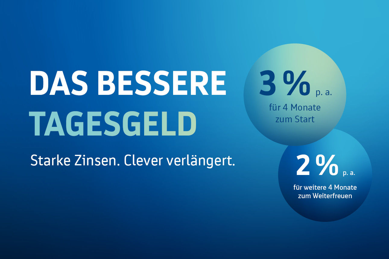 Tagesgeld 3 % für 4 Monate, danach 2 % für 4 weitere Monate