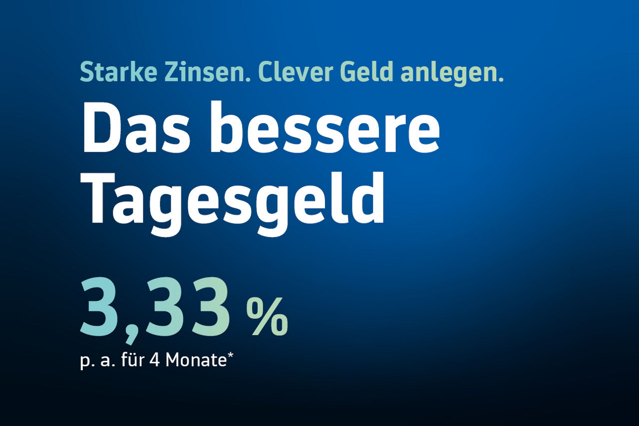 Blauer Hintergrund mit Aufschrift, Starke Zinsen. Clever Geld anlegen. Das bessere Tagesgeld 3,33 % p.a. für 4 Monate.