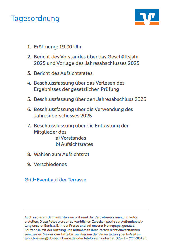 Tagesordnung der anstehenden Vertreterversammlung mit verschiedenen Punkten, die im Programm anstehen