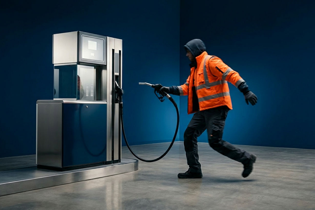 KI generiertes Bild - Tankwart in Weste in Orange an Zapfsäule