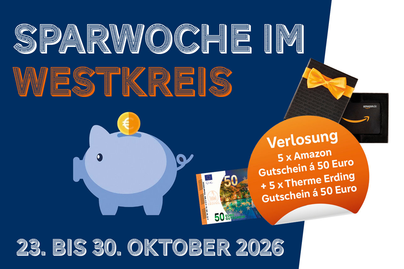 Auf dem Teaserbild ist das Datum der Sparwoche, ein blaues Sparschwein und die Verlosung abgebildet.