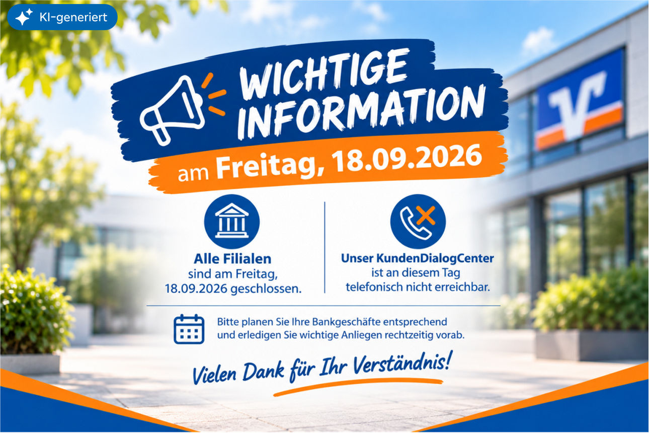 Wichtige Information am Freitag, 18.09.2026 sind alle Filialen geschlossen und das KundenDialogCenter ist nicht erreichbar.