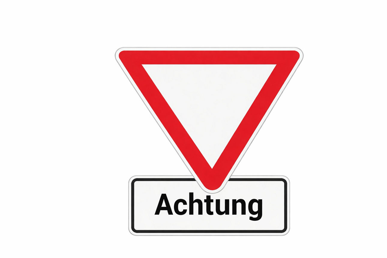 Verkehrszeichen „Vorfahrt gewähren“ mit Zusatzschild „Achtung“.