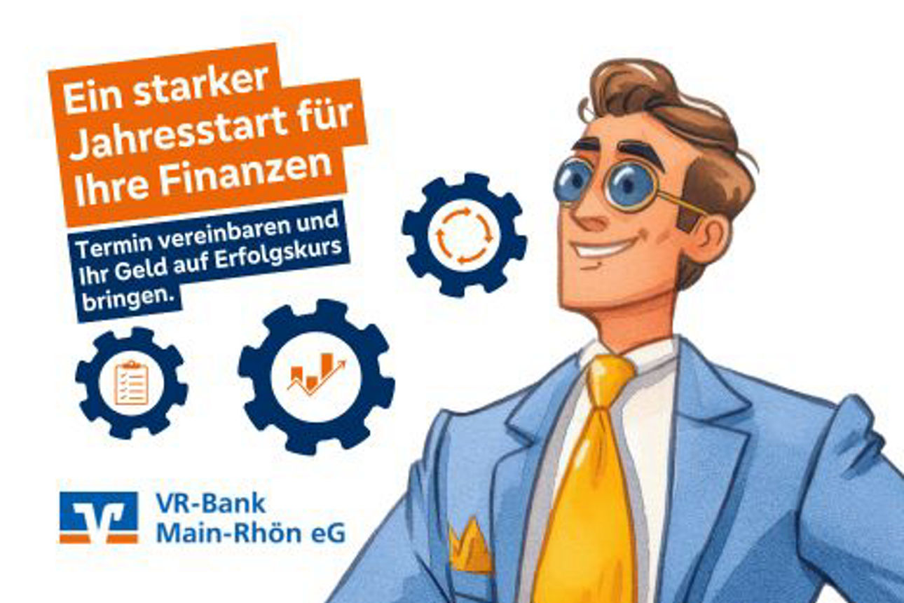 Eine Berater-Comicfigur, um ihn herum sind Zahnräder mit Icons für Planung, Umsetzung und Ziele. und die Headline "Ein starker Jahresstart für Ihre Finanzen. Termin vereinbaren und Ihr Geld auf Erfolgskurs bringen."