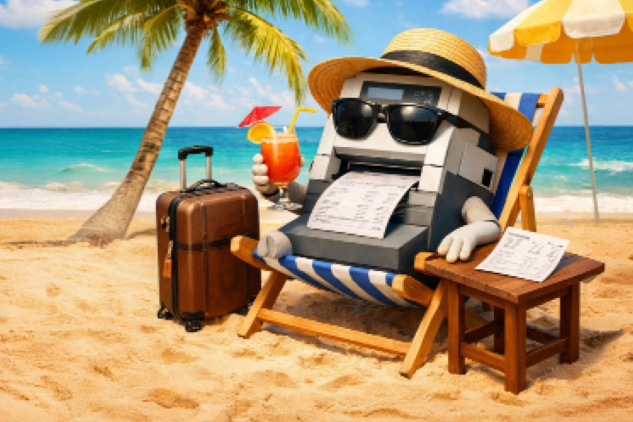 Ein Kontoauszugsdrucker sitzt am Strand und macht Urlaub - Bild KI-generiert
