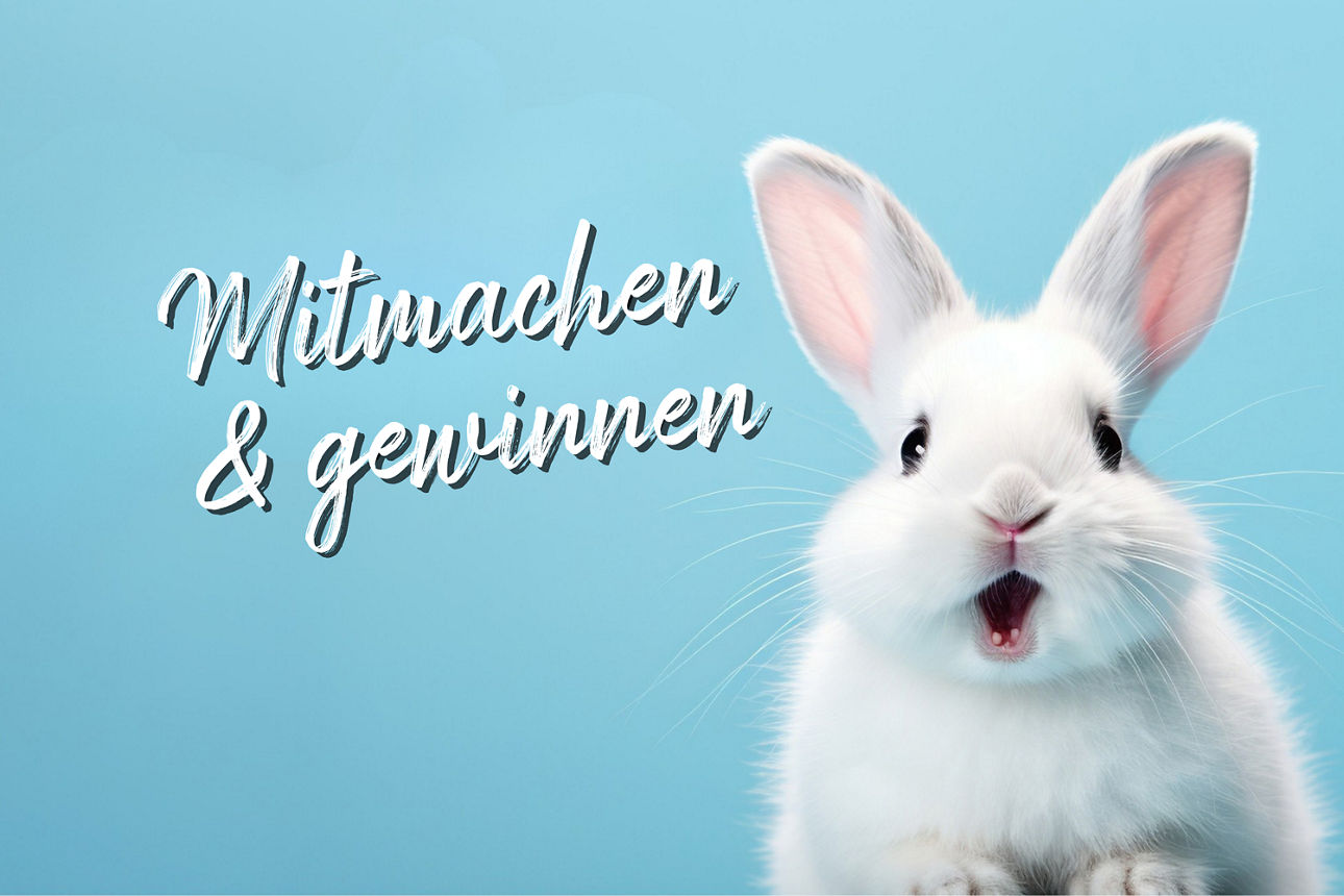 Ein weißer Hase vor einem blauen Hintergrund mit Text "Mitmachen & gewinnen"