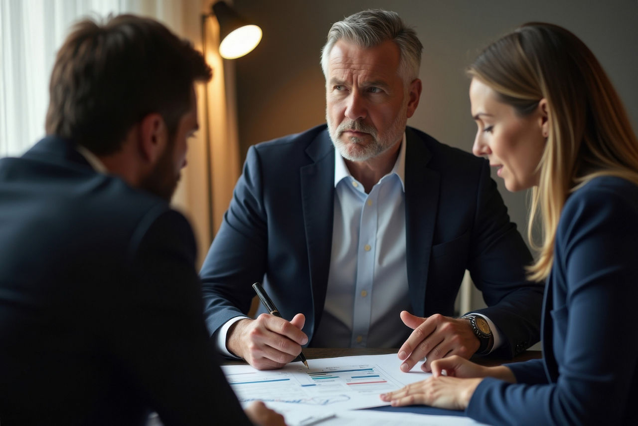 zwei Männer und eine Frau sitzen an einem Tisch in einem Beratungsgespräch