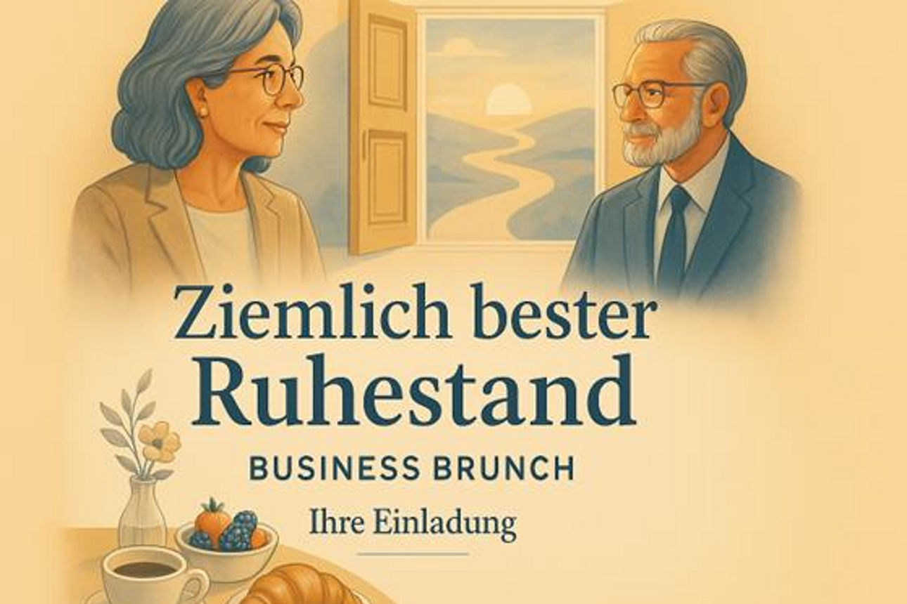 Eine Frau und ein Mann schauen sich an, unter ihnen erscheint ein Text mit einer Einladung zum Business Brunch