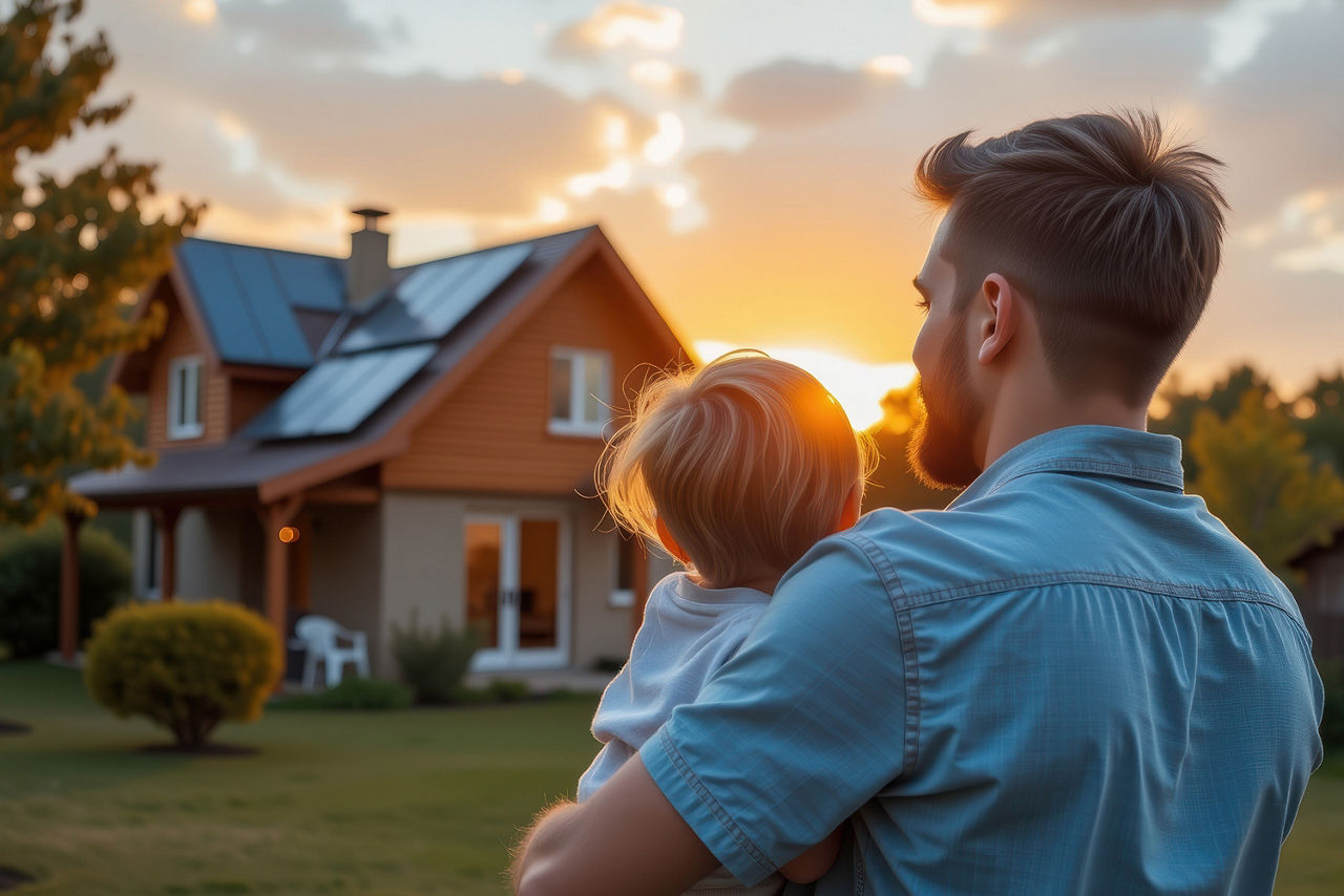 Rückansicht eines Mannes mit Kind auf dem Arm, der auf ein Haus blickt. 