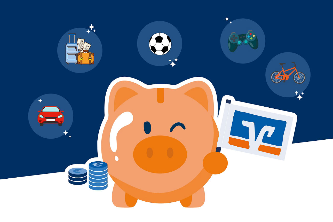 Bild von eienm Sparschwein mit Volksbank-Fähnchen, umrundet von Icons mit möglichen Gewinnen.