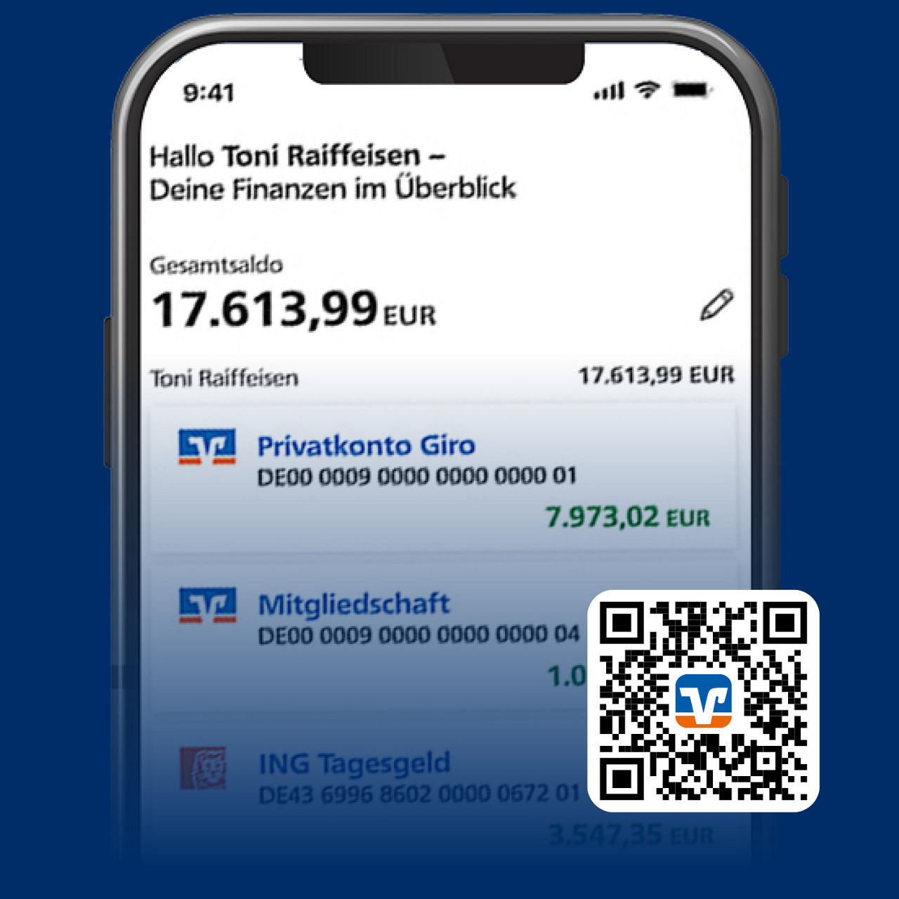 Smartphone mit VR BankingApp Kontoübersicht und QR-Code zur App