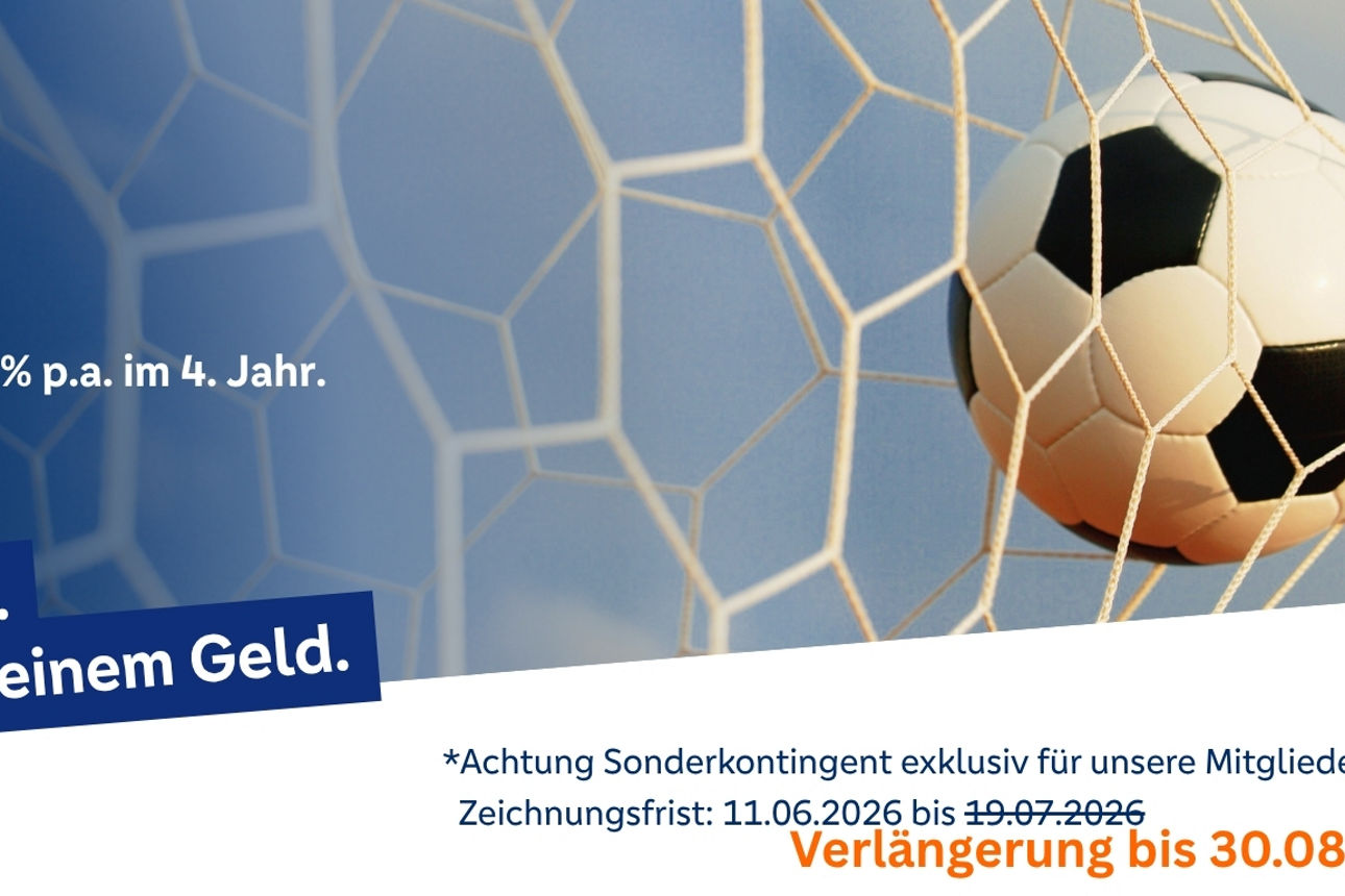 Fussball in einem Fussballnetz mit dem Hinweis auf das WachstumsSparen