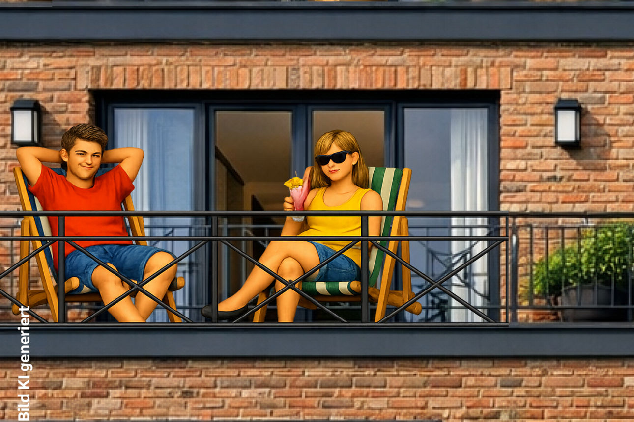 Sie sehen ein Mann und eine Frau sitzend auf einem Balkon - Bild ist KI generiert