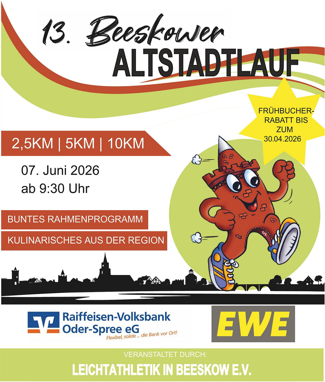 Plakat zum 13. Beeskower Altstadtlauf am 7. Juni 2026 mit Strecken 2,5, 5 und 10 km sowie Laufmaskottchen.