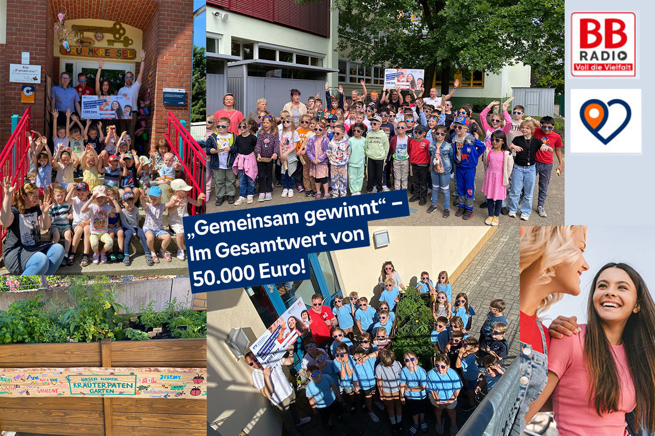 Collage von Schulen und Kita bei der Scheckübergabe zur Aktion "Gemeinsam gewinnt - im Gesamtwert von 50.000 Euro"