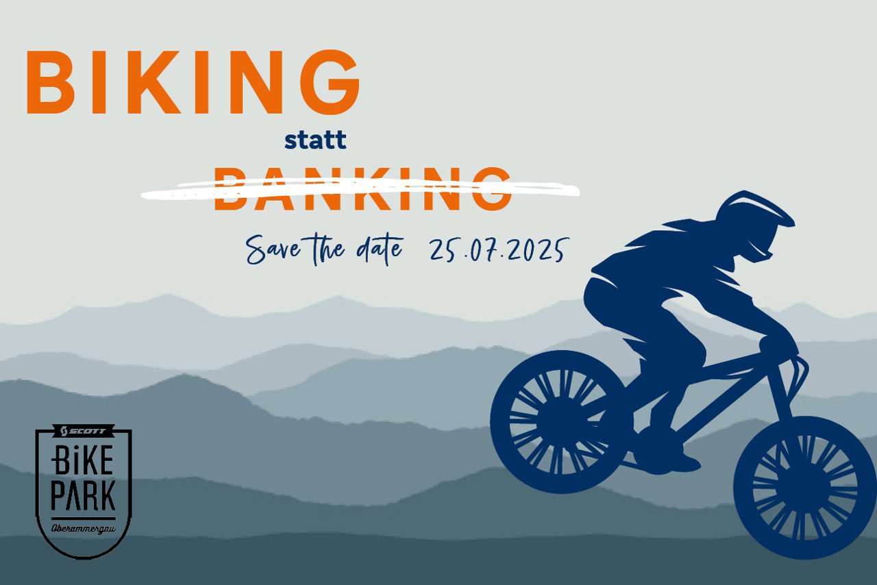 Grafik: Biker springt mit Fahrrad und es sind Berge im Hintergrund und die Schrift Binking statt Banking